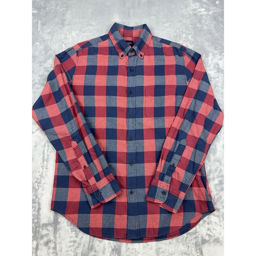 J Crew Shirt Mens Size M Red Navy Blue Buffalo Plaid Check Cotton Button Down
